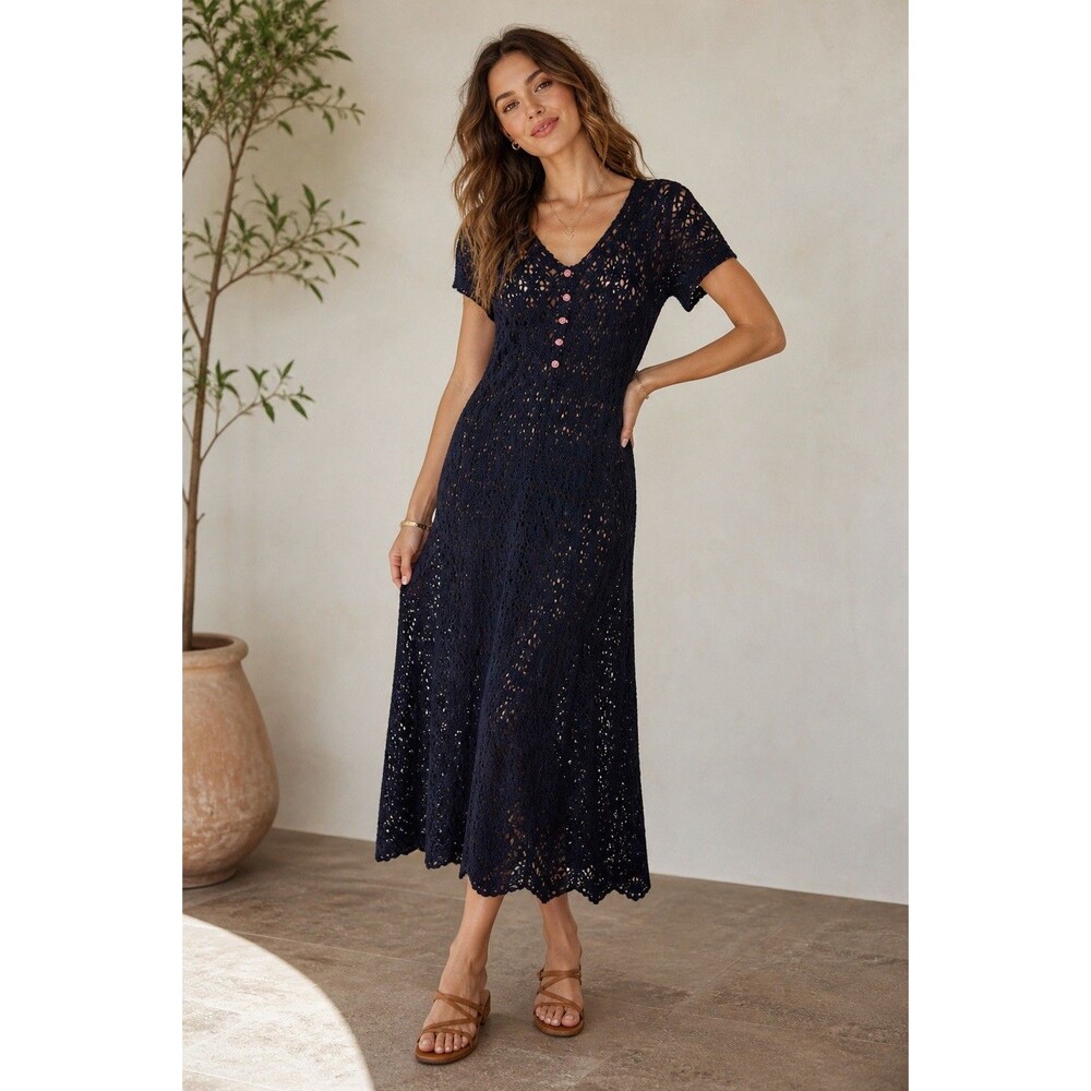 VTG Granny Crochet Maxi 100% Cotton Dress SZ M  Boho Cottage  Romantic 90s Y2K